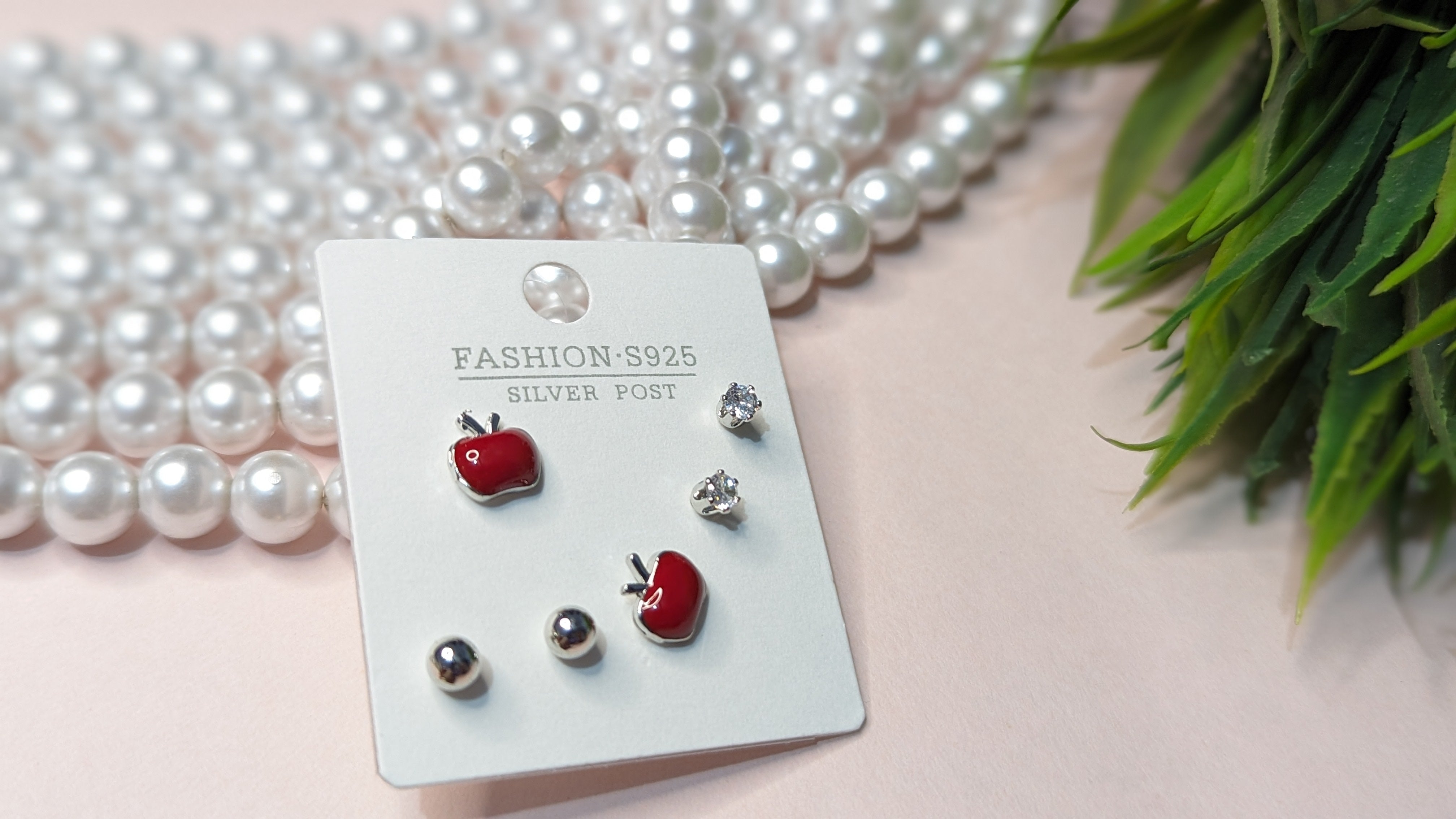 Set of 3, Apple, Diamond And Silver, S925 Studs